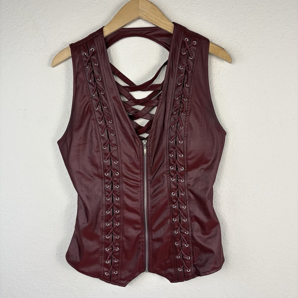 Y2K Oh Yes Corset Top 1x Tank Lace Up Red Faux Leather Grunge Moto Biker Gothic